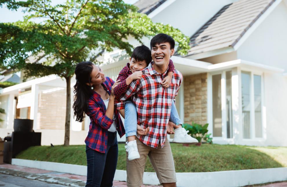 Smiling family in suburb