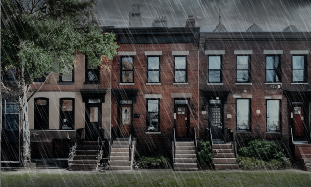 Casas adosadas de Filadelfia bajo la tormenta