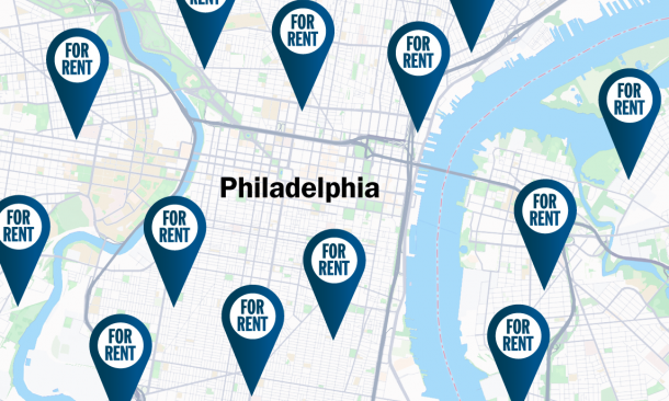 Mapa de calles de Filadelfia con marcadores de "se alquila"