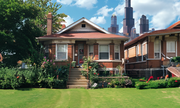 Same Chicago bungalow under clear, sunny skies
