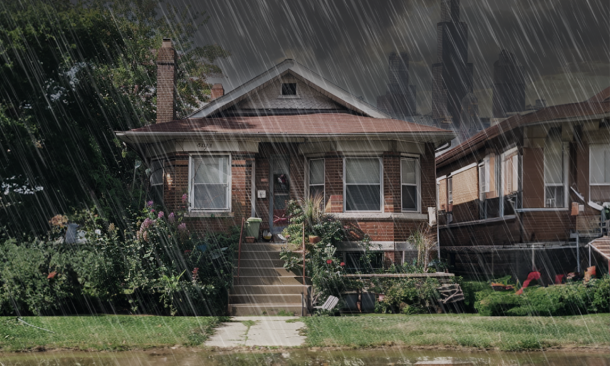 Chicago bungalow under severe rainstorm