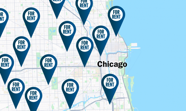 Chicago street map with "For Rent" pins