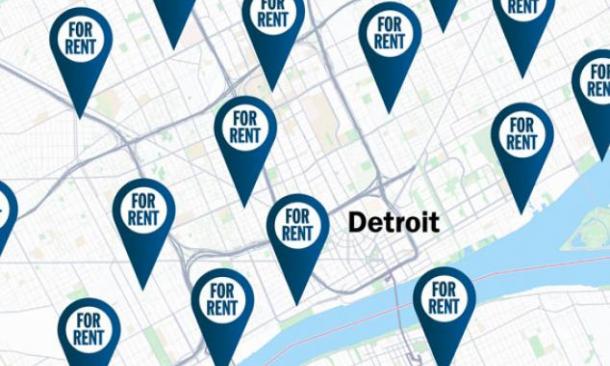 Mapa de calles de Detroit con marcadores de "se alquila"