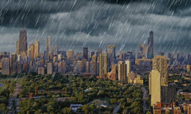 Paisaje urbano bajo la lluvia
