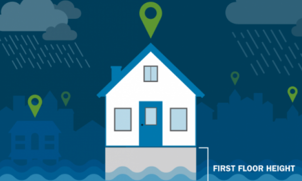 Casa ilustrada con marcador de mapa verde en lo alto de la calle inundada. Texto cerca de los cimientos de la casa: Altura del primer piso