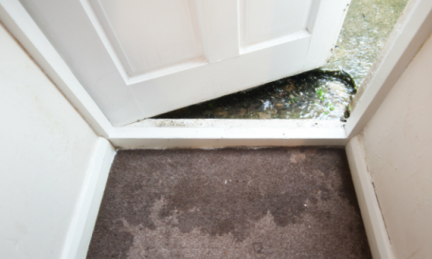 Top down view of home entryway with flood-damaged flooring
