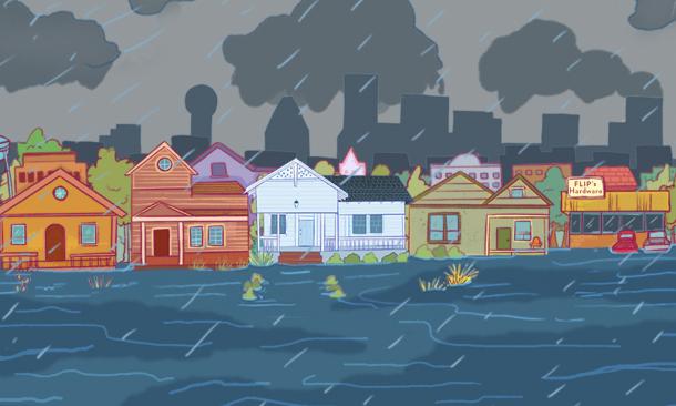 Hand drawn flooded city street during heavy rain storm