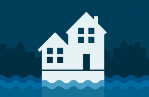 Illustrated rowhomes sitting on flooded street