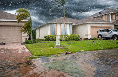 Casas en una tormenta con inundaciones menores