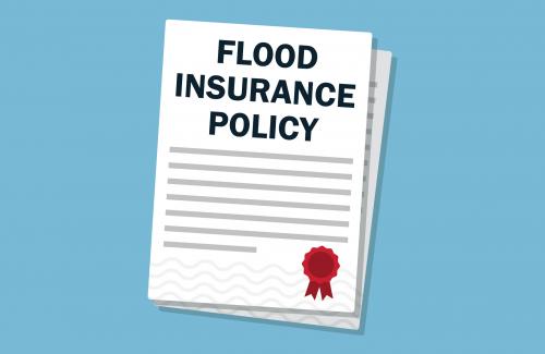 illustration of a document that reads "Flood Insurance Policy" with a red ribbon on the bottom right corner.