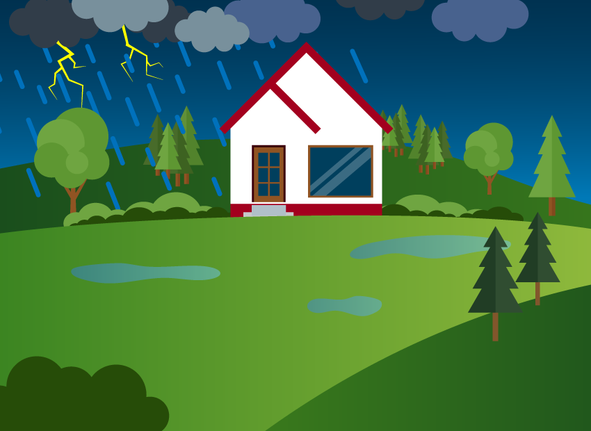 Casa en el claro del bosque durante una tormenta eléctrica