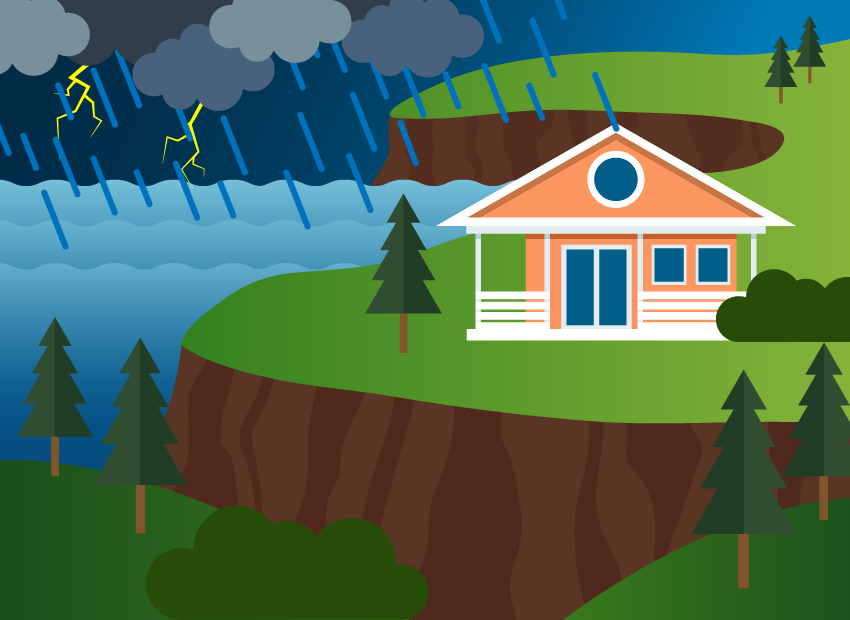 Casa en el acantilado del océano con tormenta eléctrica en el fondo