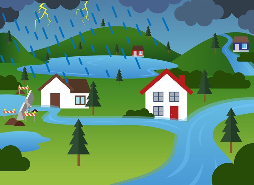 Casas rurales cerca de la bifurcación del río y el lago, bajo fuertes lluvias