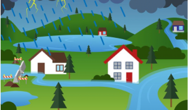 Houses next to an overflowing river during a storm