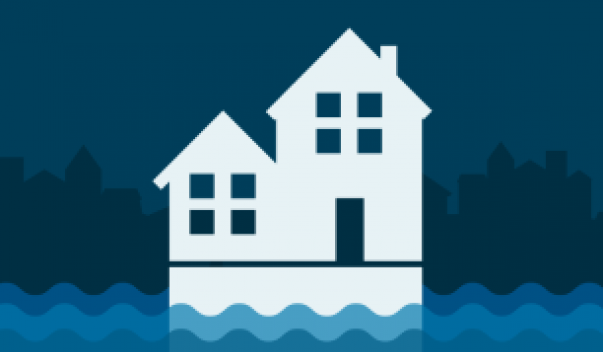 Illustrated rowhomes sitting on flooded street