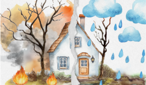 Illustration of house. One side fire disaster, one side flood disaster.