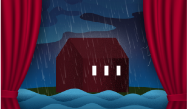 Illustration of home at night surrounded by water flood