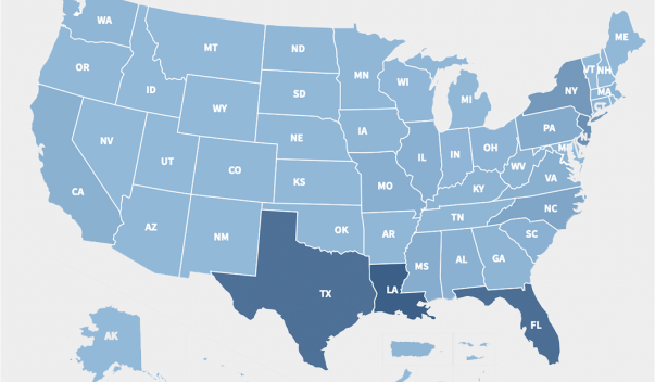 Map of United States, color graded to show states with more or fewer claims