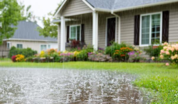 Growing puddle in house's front yard during heavy rain