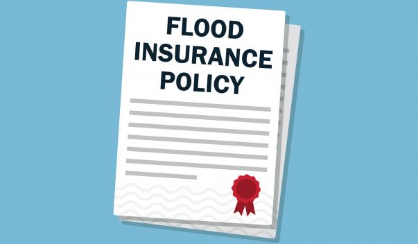 illustration of a document that reads "Flood Insurance Policy" with a red ribbon on the bottom right corner.